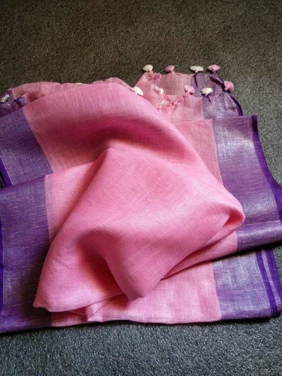 Light Pink with Purple and Silver Zari Border plain Linen Saree