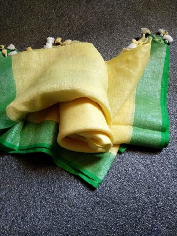 Light Yellow with Dark Green and Silver Zari Border plain Linen Saree