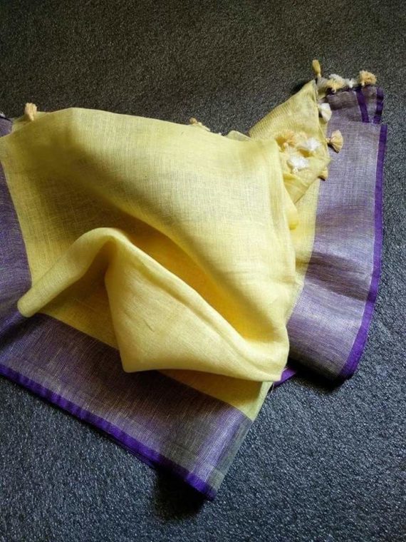 Light Yellow with Purple and Silver Zari Border plain Linen Saree