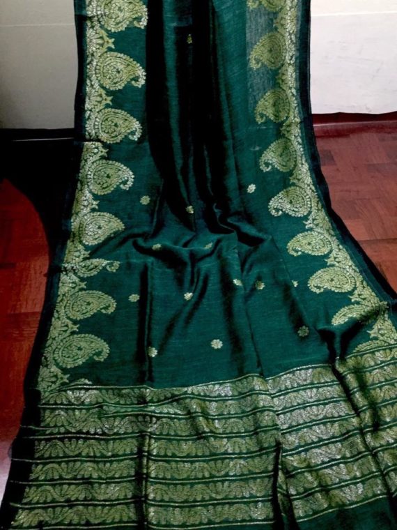 Teal Green Dhakai Linen Saree with Mango Jacquard design