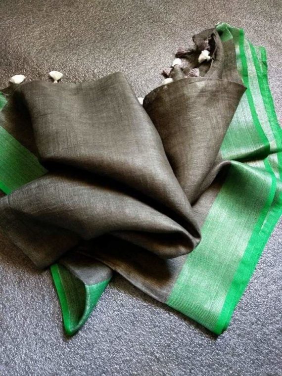 Mud Brown with Dark Green and Silver Zari Border plain Linen Saree