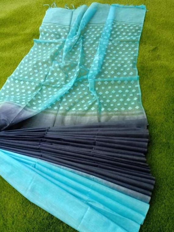 Ocean Blue and Slate Grey Kota Silk Half and Half Saree
