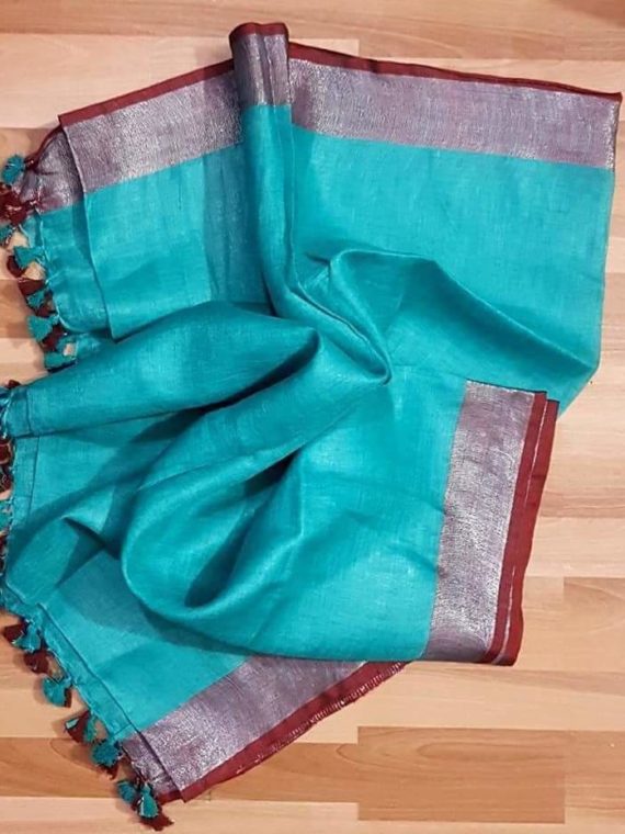 Ocean Blue with Brown and Silver Zari Border plain Linen Saree