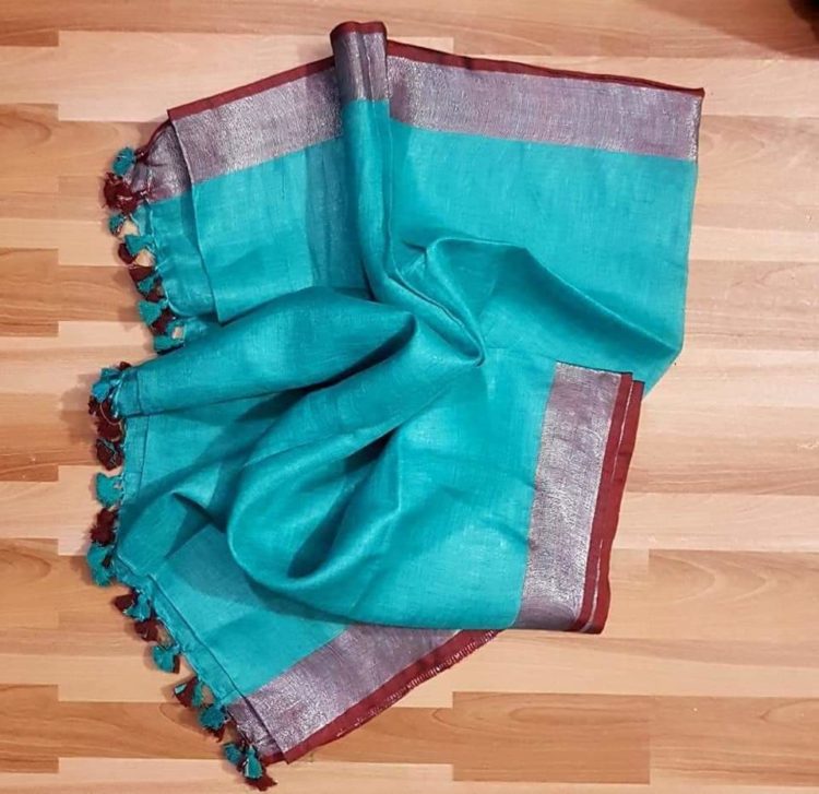 Ocean Blue with Brown and Silver Zari Border plain Linen Saree