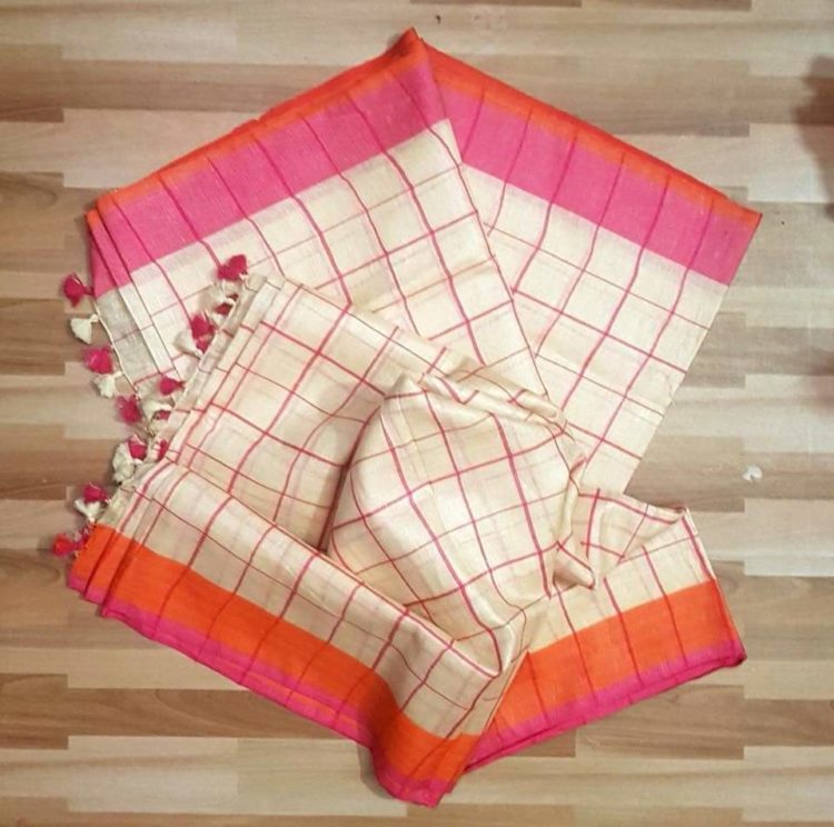 Off White checked with Orange and Pink Border plain Linen Saree