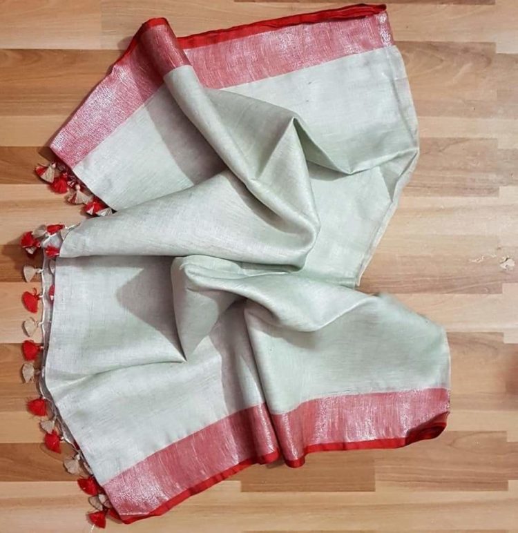 Off White with Red and Silver Zari Border plain Linen Saree