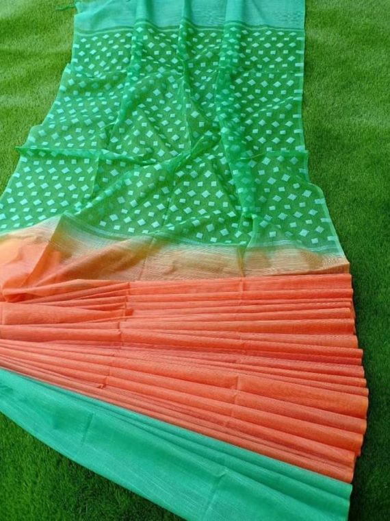Orange and Green Kota Silk Half and Half Saree