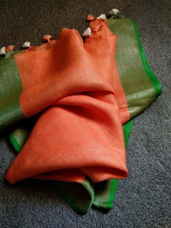Orange with Golden and Green Border plain Linen Saree