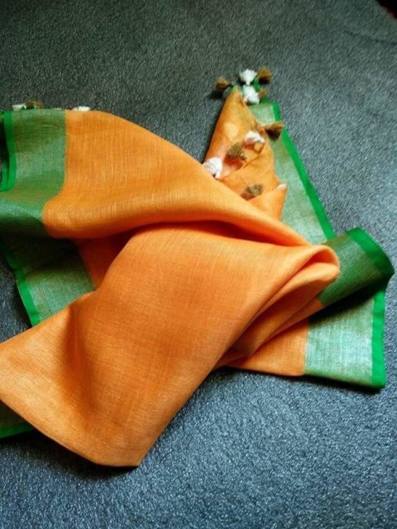 Orange with Green and Silver Zari Border plain Linen Saree