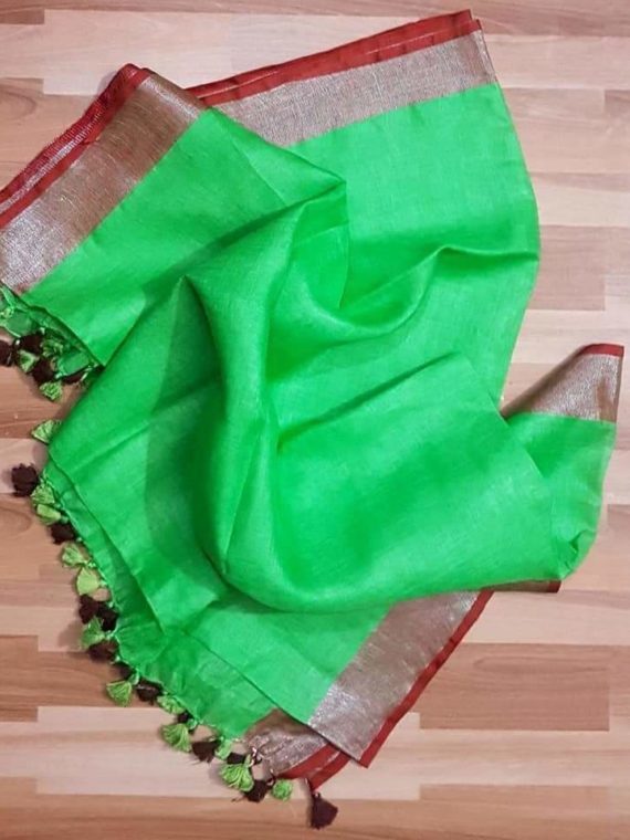 Parrot Green with Brick Red and Silver Border plain Linen Saree