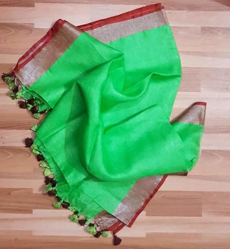 Parrot Green with Brick Red and Silver Border plain Linen Saree