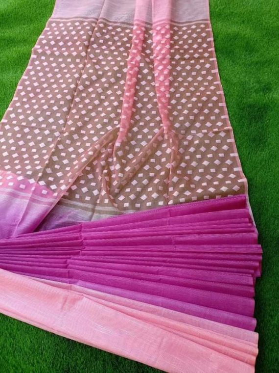 Peach Pink and Dark Pink Kota Silk Half and Half Saree