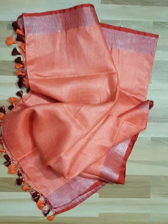 Peach with Orange and Silver Zari Border plain Linen Saree