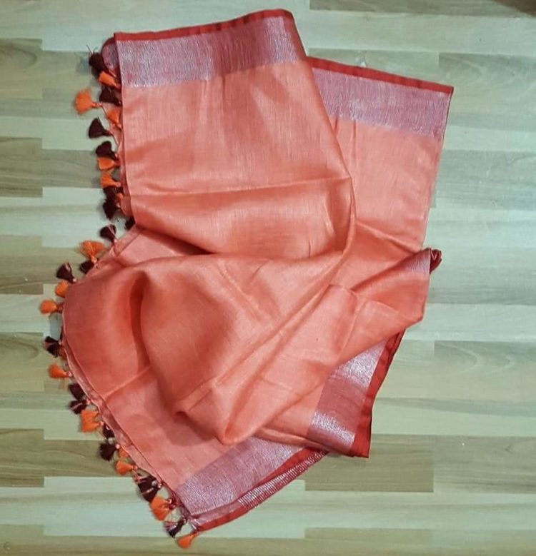 Peach with Orange and Silver Zari Border plain Linen Saree