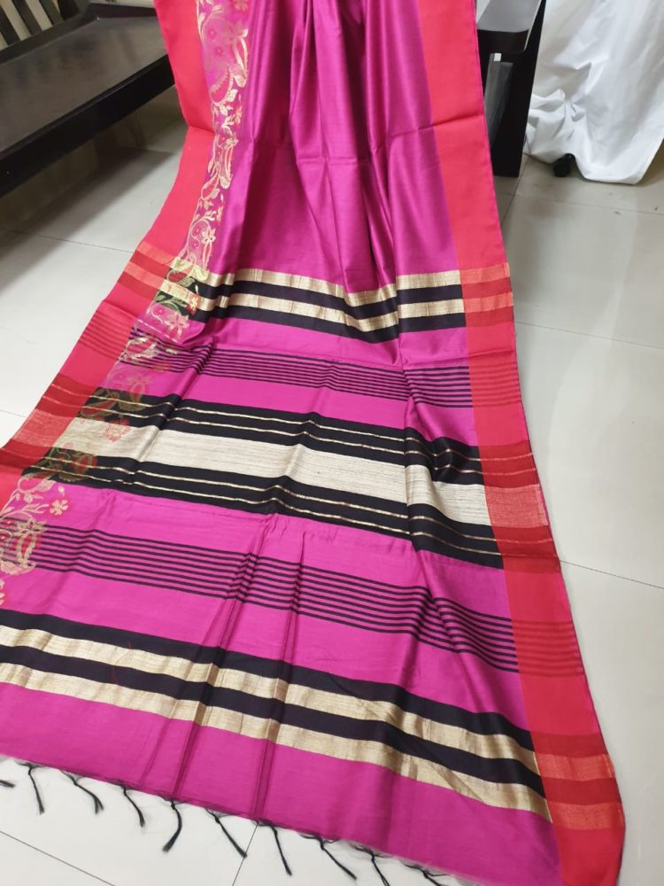 Pink Tussar staple Silk with Jacquard Border