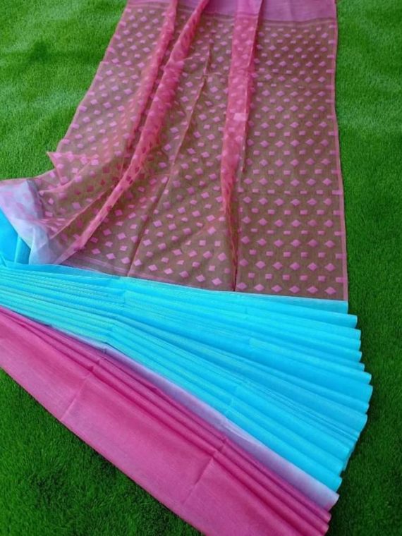 Pink and Sky Blue Kota Silk Half and Half Saree