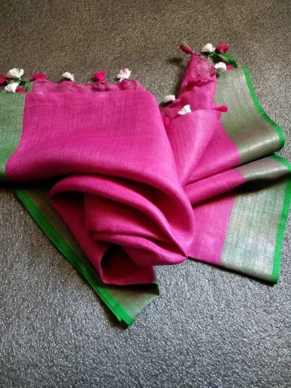 Pink with Dark Green and Silver Zari Border plain Linen Saree