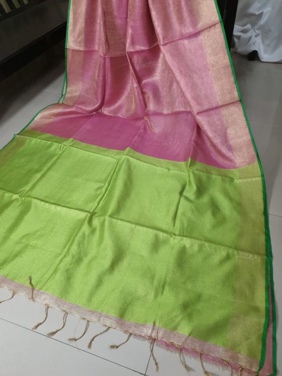 Pink with Parrot Green and Golden Border Tissue Linen Saree