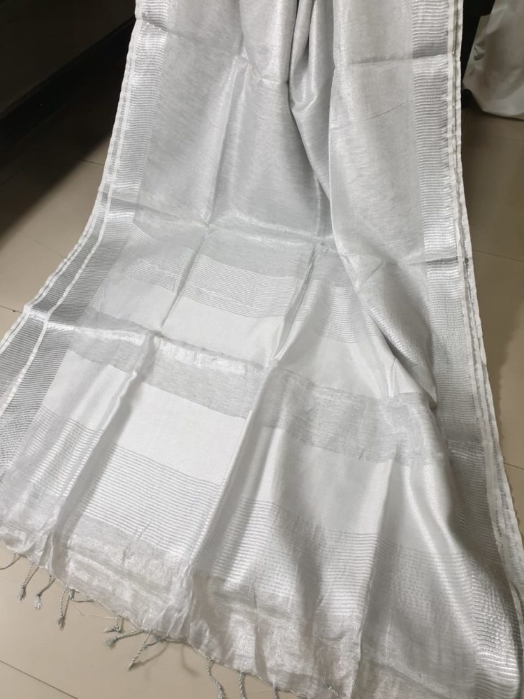 Plain Silver Tissue Linen Saree