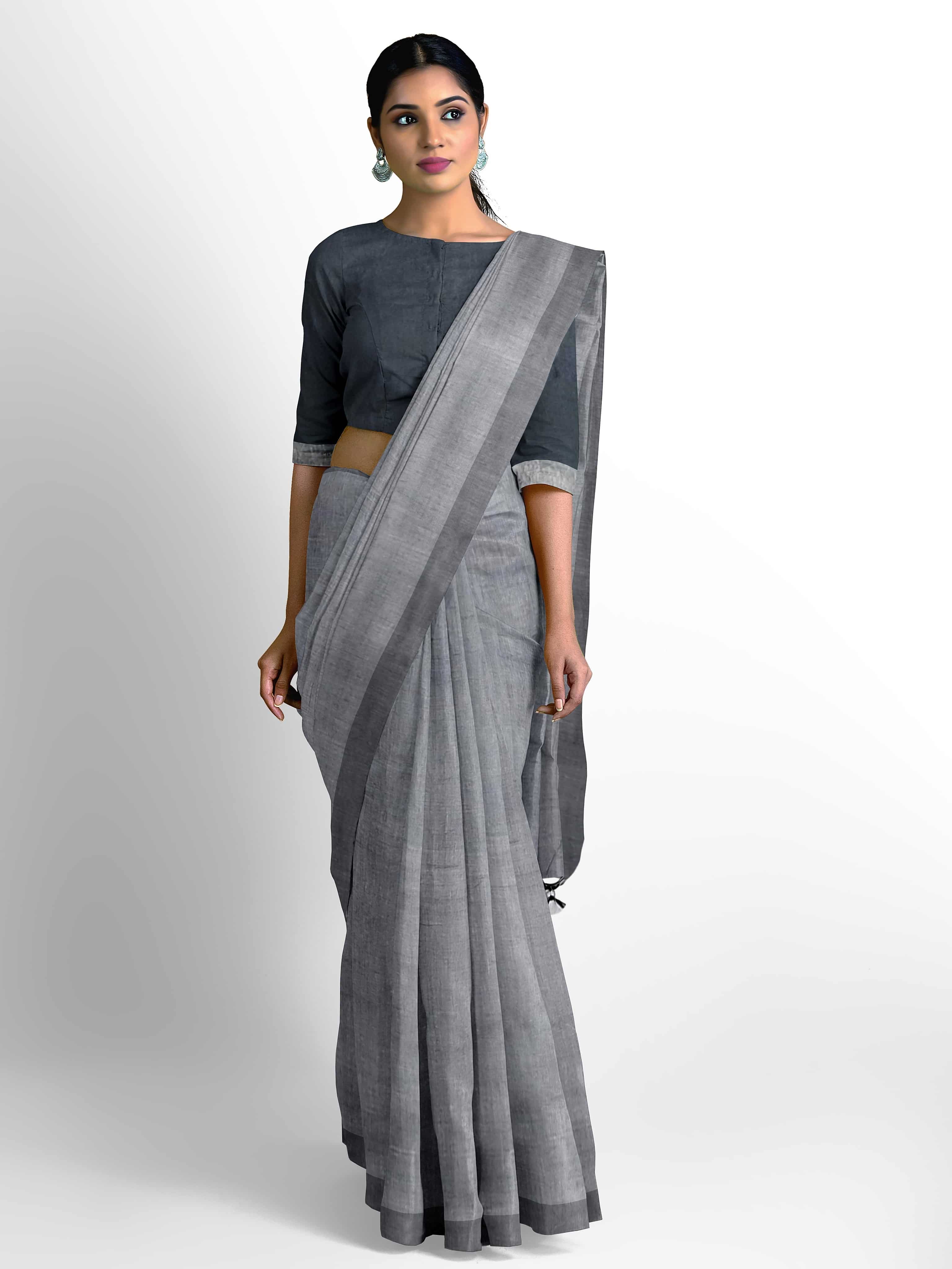 Grey Plain Mercerised Cotton Saree - Loomfolks