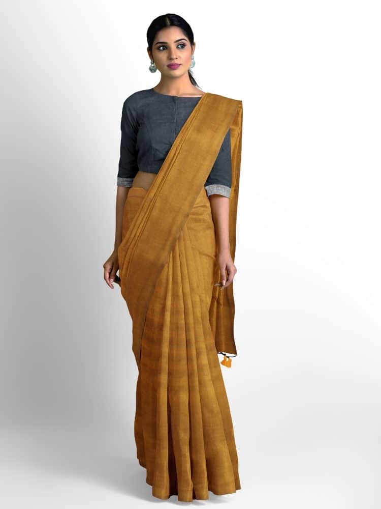 Mustard Yellow plain khadi Cotton Saree