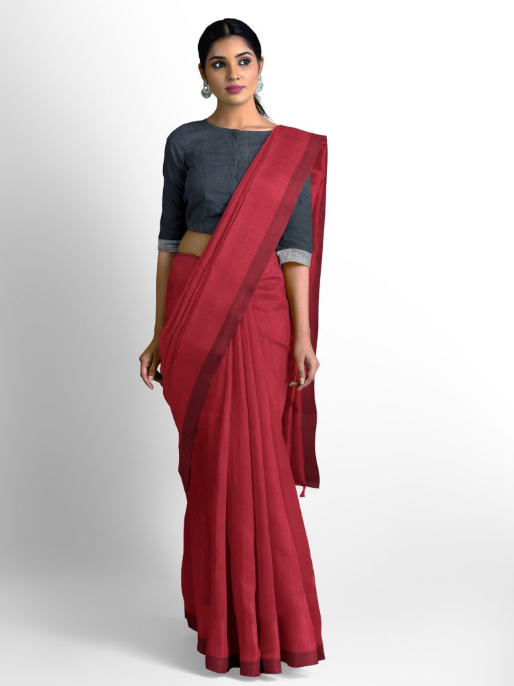 Red plain khadi Cotton Saree