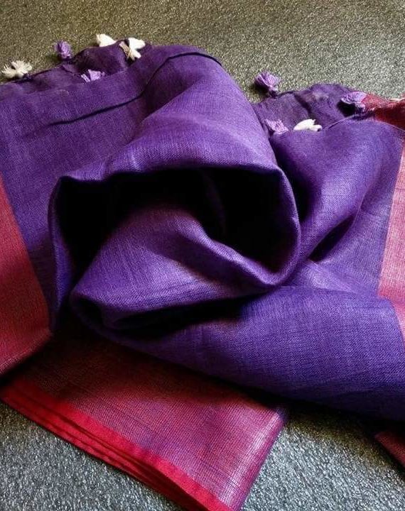 Purple with Dark Red and Silver Zari Border plain Linen Saree