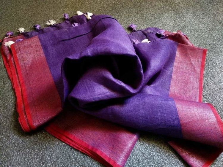 Purple with Dark Red and Silver Zari Border plain Linen Saree