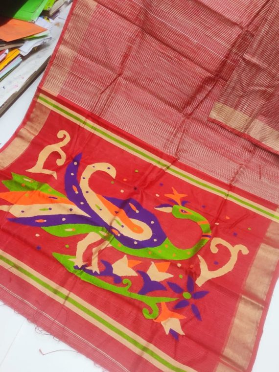 Red with Golden Border Natural Organic Jute Silk Saree