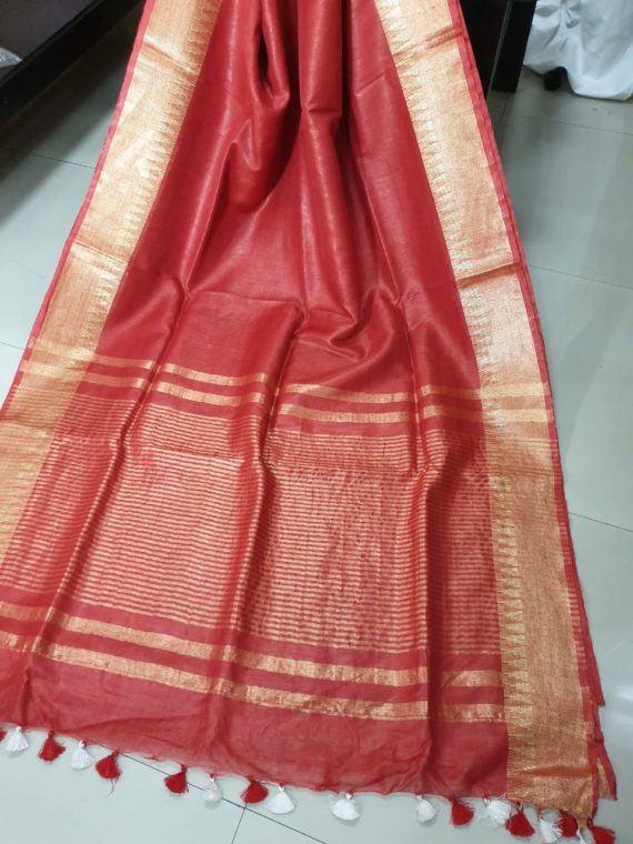 Red with Golden Temple Border Linen Silk Saree