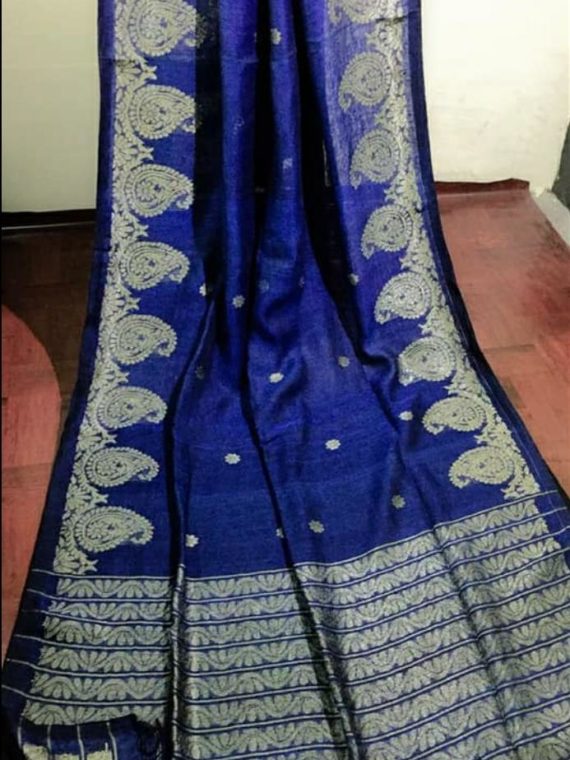 Royal Blue Dhakai Linen Saree with Mango Jacquard design