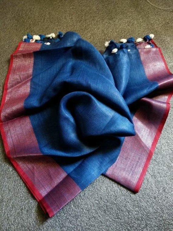 Royal Blue with Dark Red and Silver Zari Border plain Linen Saree