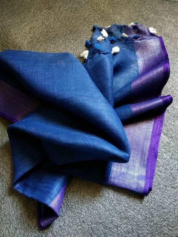 Royal Blue with Purple and Silver Zari Border plain Linen Saree