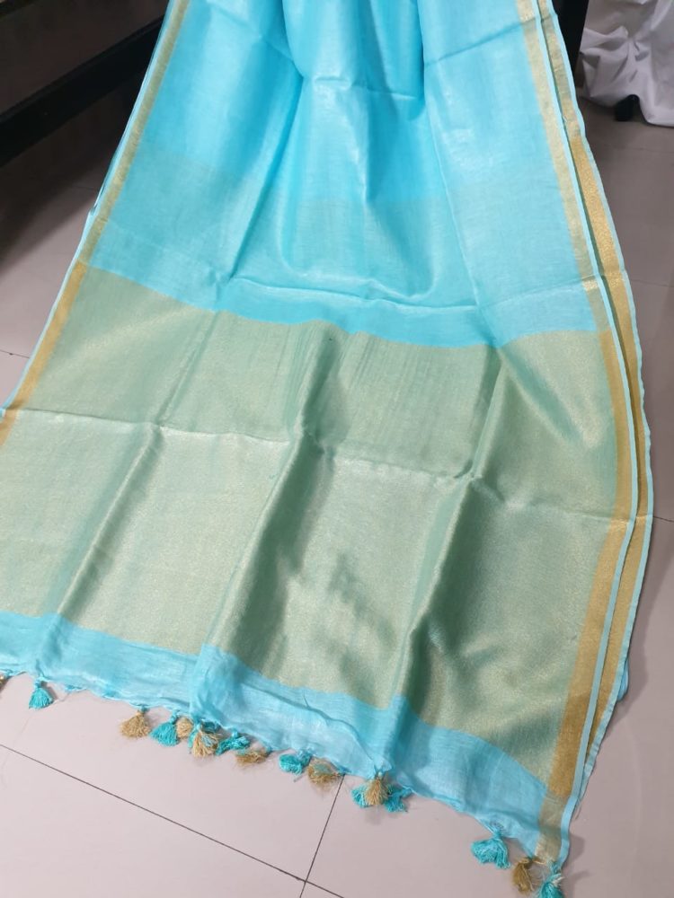 Sky Blue with Thin Golden Border Plain Linen Saree