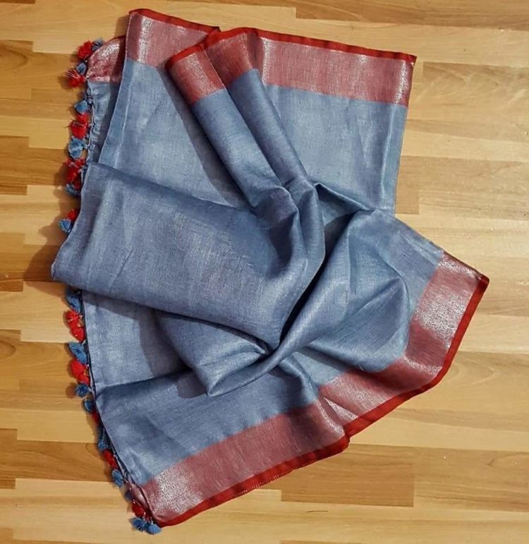 Slate Grey with Brick Red and Silver Zari Border plain Linen Saree