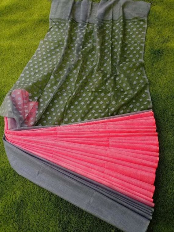 Stale Grey and Pink Kota Silk Half and Half Saree