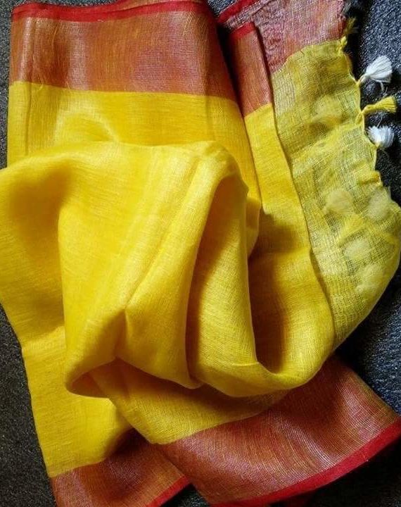 Yellow with Red and Silver Zari Border plain Linen Saree