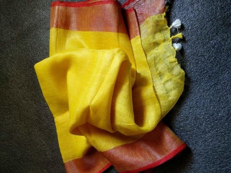 Yellow with Red and Silver Zari Border plain Linen Saree