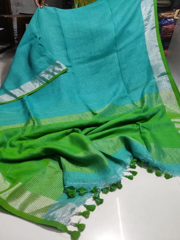 Aqua Blue with Parrot Green Pallu Plain Linen Saree