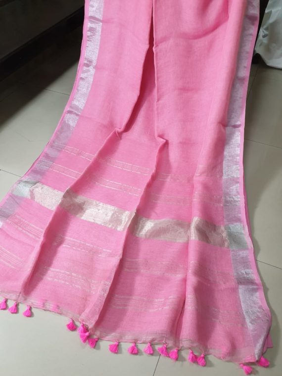 Baby Pink with Silver Border plain Linen Saree