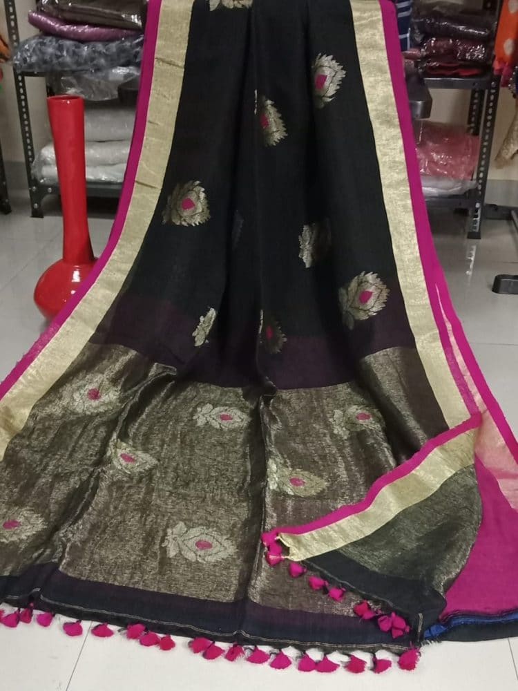 Black with Golden and Pink Border Motif Linen Saree