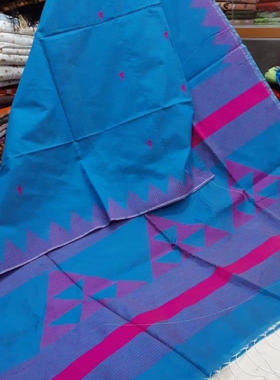 Blue with Pink Triangular design pallu soft Cotton Silk Saree