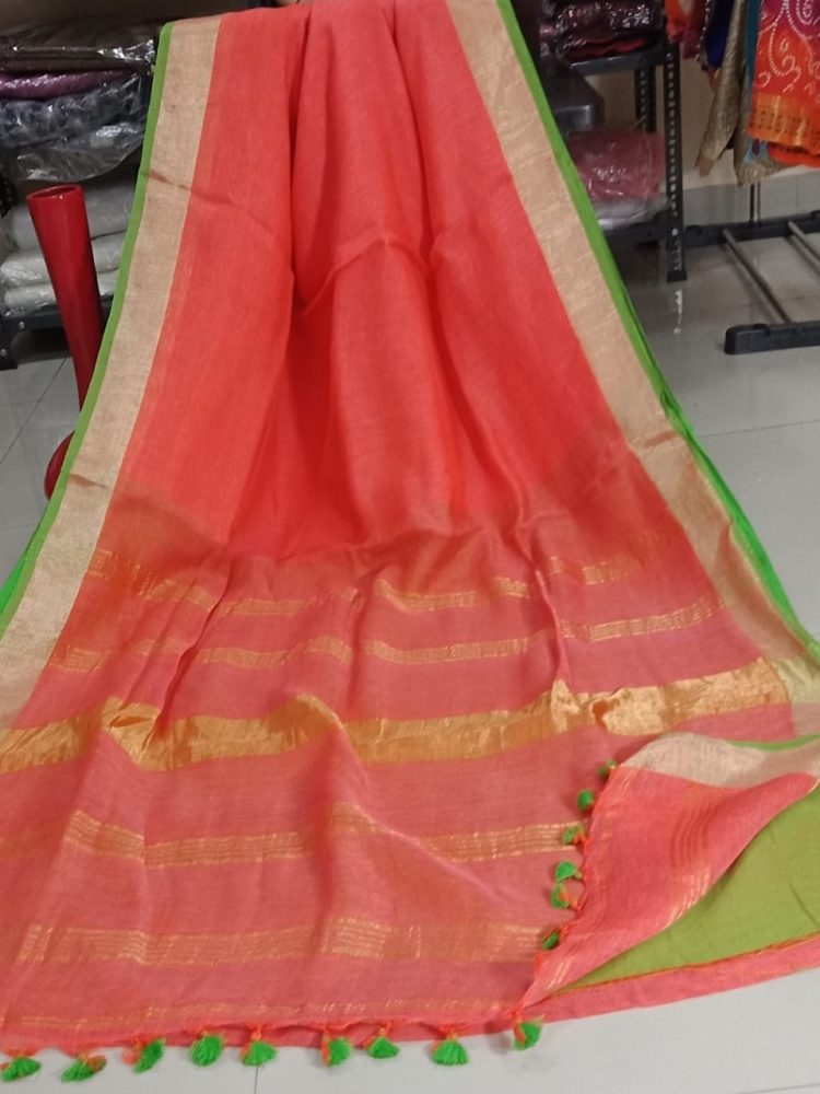 Carrot Pink with Golden and Green Border plain Linen Saree