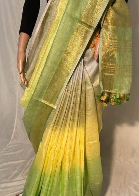 Copper Yellow Green and Mehendi Green with Golden Border Multidye Linen Saree