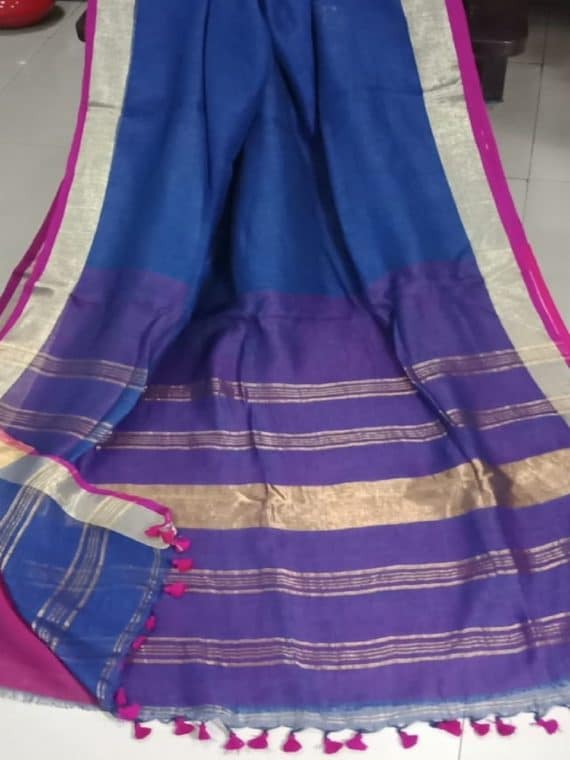 Dark Blue with Golden and Dark Pink Border plain Linen Saree