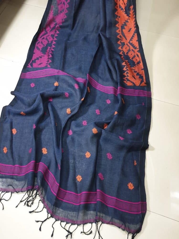 Dark Blue with Orange and Pink Border Dhakai Linen Saree with Jacquard Design