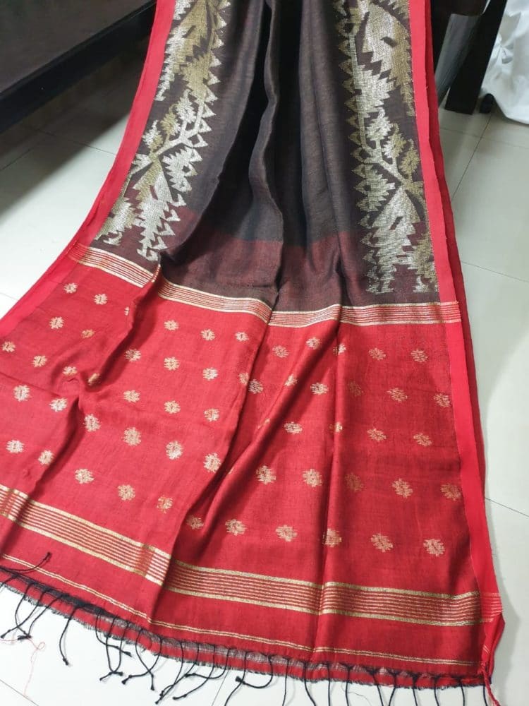 Dark Chocolate Brown with Red Border Dhakai Linen Saree with Jacquard Design