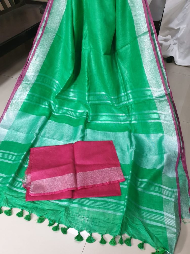 Dark Green with Burgundy Border plain Linen Saree