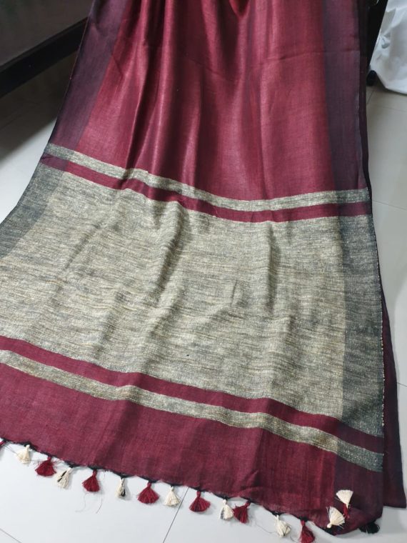 Dark Maroon with Giccha Pallu plain Linen Saree