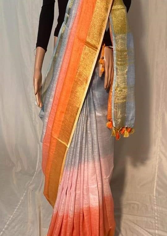 Grey Light Pink and Orange with Golden Border Multidye Linen Saree